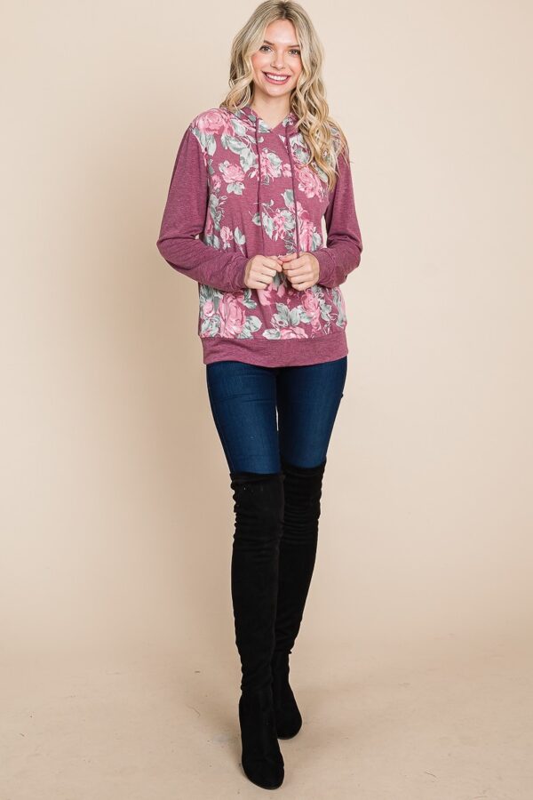Floral Contrast Hoodie with Cuff Detail – Burgundy