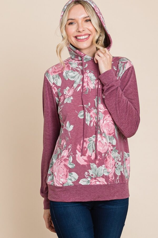 Floral Contrast Hoodie with Cuff Detail – Burgundy
