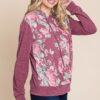 Floral Contrast Hoodie with Cuff Detail – Burgundy