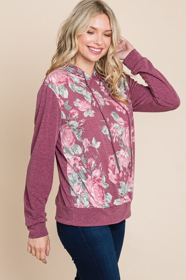 Floral Contrast Hoodie with Cuff Detail – Burgundy