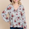 Floral Hacci Babydoll Top with Elastic Cuffs – Grey/Red