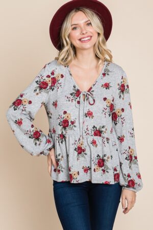 Floral Hacci Babydoll Top with Elastic Cuffs – Grey/Red