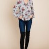 Floral Hacci Babydoll Top with Elastic Cuffs – Grey/Red