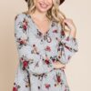 Floral Hacci Babydoll Top with Elastic Cuffs – Grey/Red