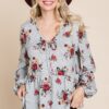 Floral Hacci Babydoll Top with Elastic Cuffs – Grey/Red
