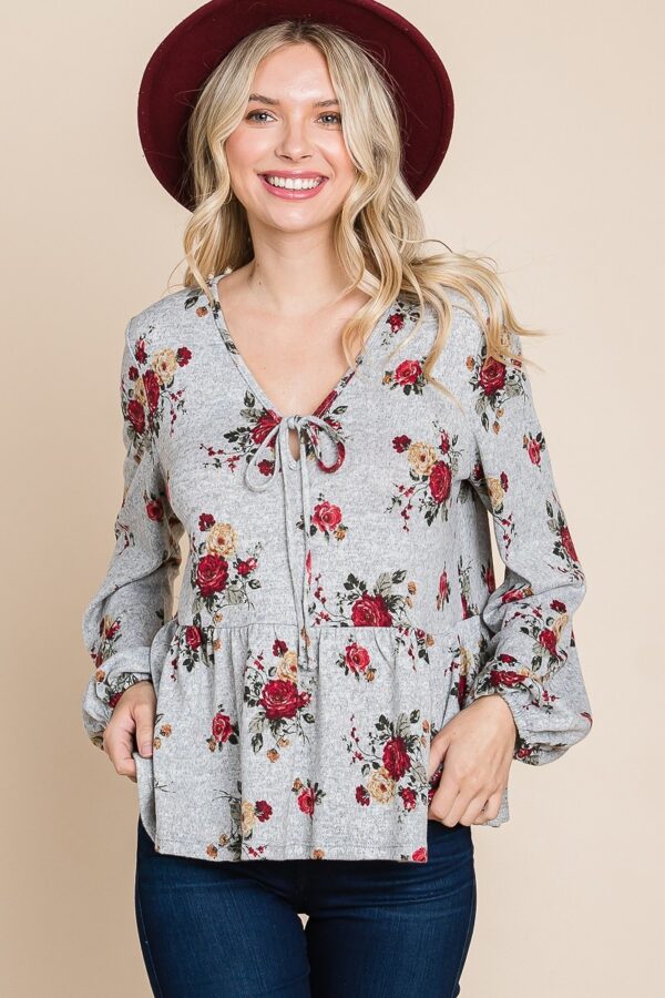 Floral Hacci Babydoll Top with Elastic Cuffs – Grey/Red