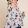 Floral Hacci Babydoll Top with Elastic Cuffs – Grey/Red