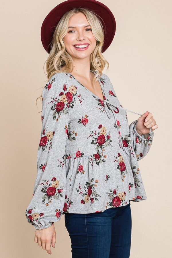 Floral Hacci Babydoll Top with Elastic Cuffs – Grey/Red