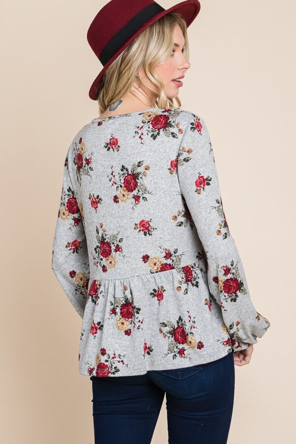 Floral Hacci Babydoll Top with Elastic Cuffs – Grey/Red