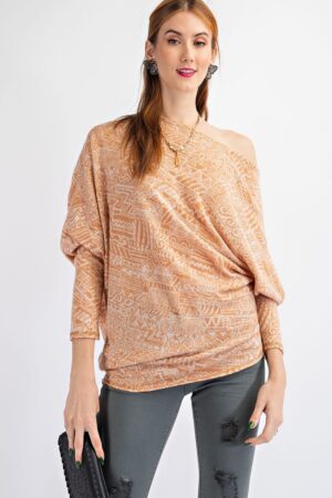 Tribal Printed Knit Top – Asymmetrical Neckline, Camel