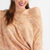 Tribal Printed Knit Top – Asymmetrical Neckline, Camel