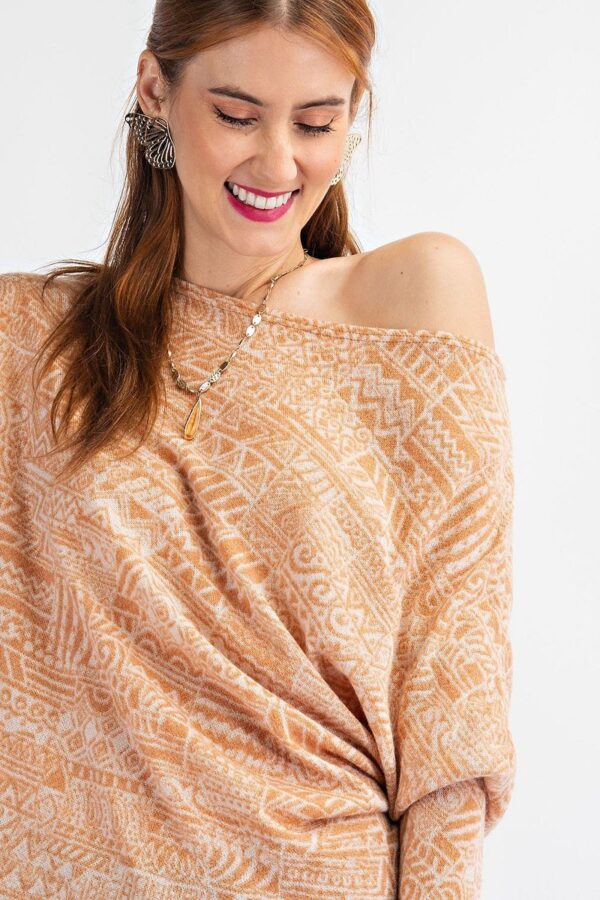 Tribal Printed Knit Top – Asymmetrical Neckline, Camel