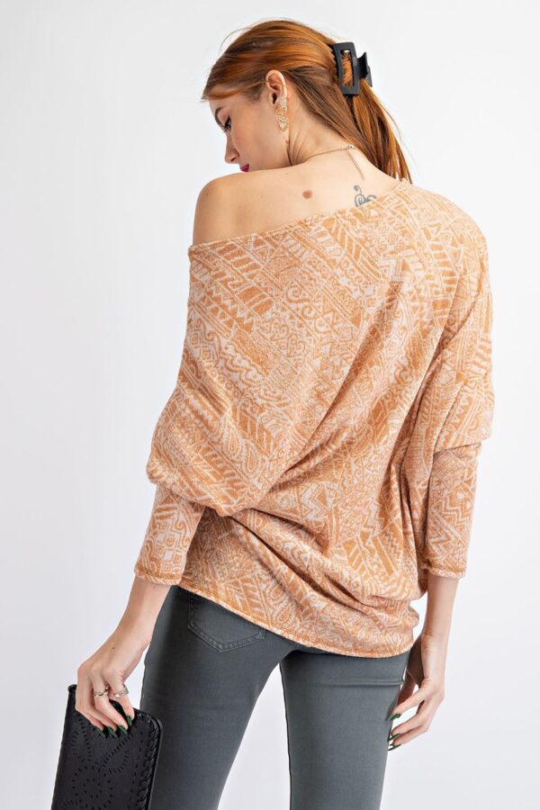 Tribal Printed Knit Top – Asymmetrical Neckline, Camel