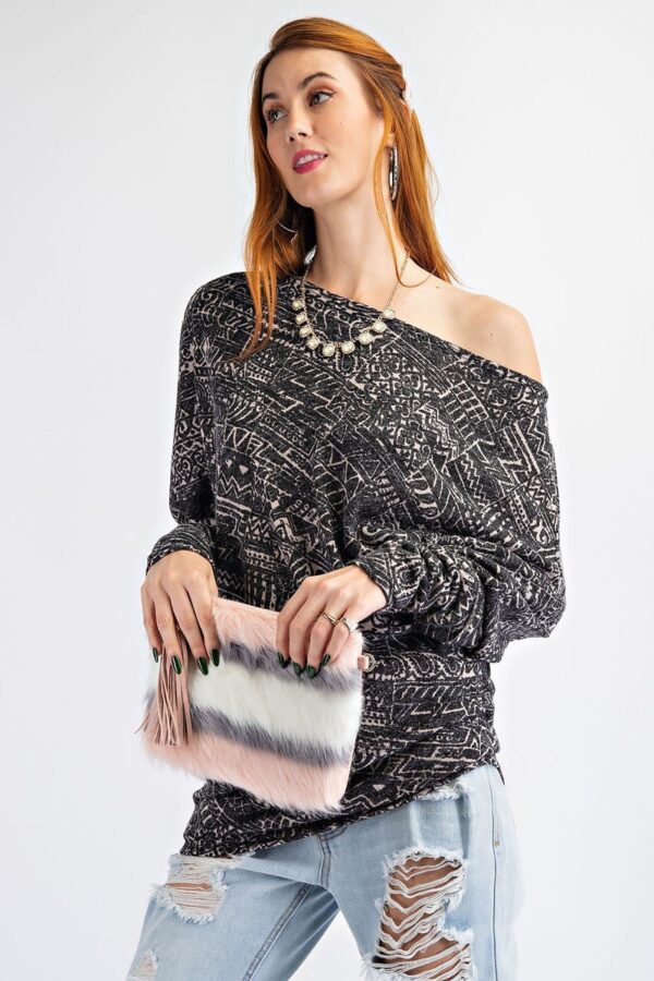 Tribal Printed Knit Top with Asymmetrical Neckline – Black