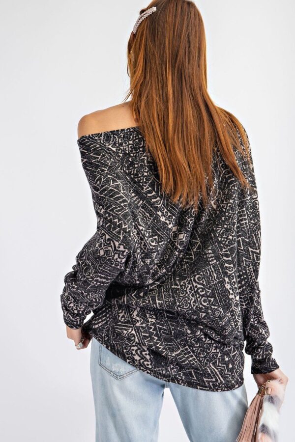 Tribal Printed Knit Top with Asymmetrical Neckline – Black