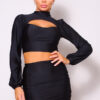 Puff Sleeve Cutout Turtleneck & Ruched Garter Mini Set – Black