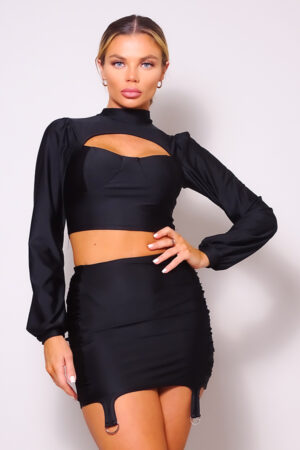 Puff Sleeve Cutout Turtleneck & Ruched Garter Mini Set – Black