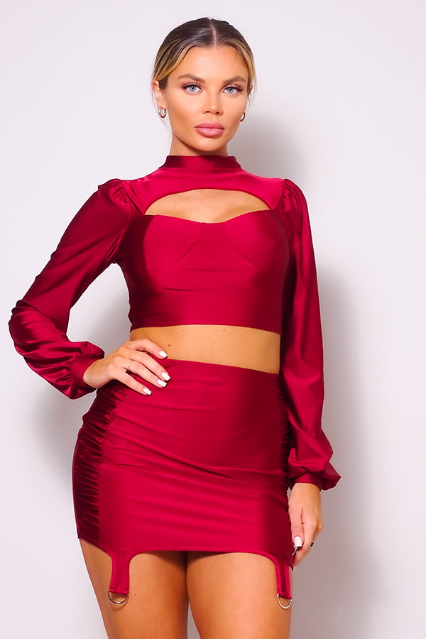 Puff Sleeve Cutout Turtleneck Top & Ruched Garter Mini Set – Wine