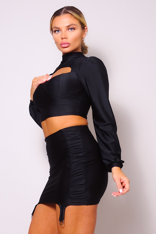 Puff Sleeve Cutout Turtleneck & Ruched Garter Mini Set – Black