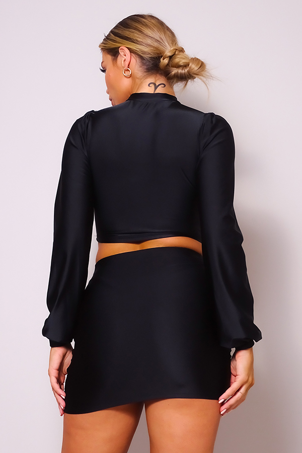 Puff Sleeve Cutout Turtleneck & Ruched Garter Mini Set – Black