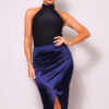 Sculpted Gathered-Front Crossover Midi Skirt – Navy