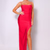 Pleated Bust Maxi Dress with High Side Slit – Red
