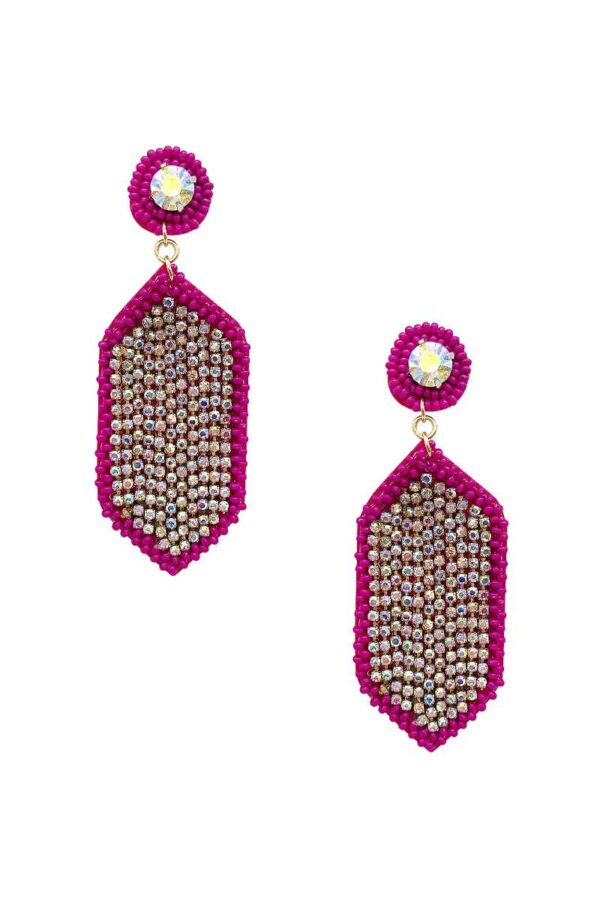 Hexagon Seed-Bead Rhinestone Dangle Earrings – 3.25″