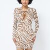Printed Mesh Dress with Sheer Print – Mocha