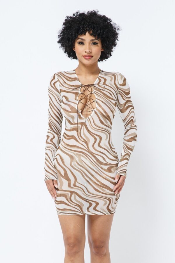 Printed Mesh Dress with Sheer Print – Mocha