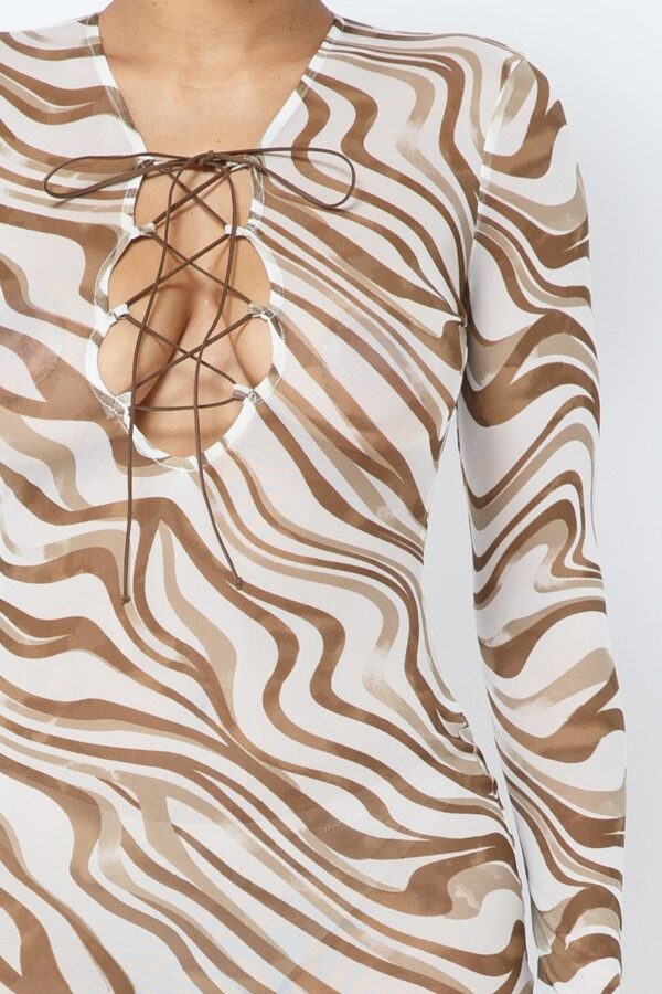 Printed Mesh Dress with Sheer Print – Mocha