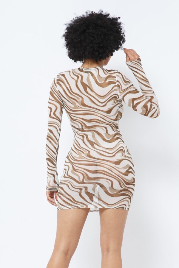 Printed Mesh Dress with Sheer Print – Mocha