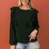 Round-Neck Knit Top with Front Ruffle – Black