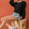 Round-Neck Knit Top with Front Ruffle – Black