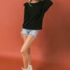 Round-Neck Knit Top with Front Ruffle – Black