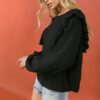 Round-Neck Knit Top with Front Ruffle – Black
