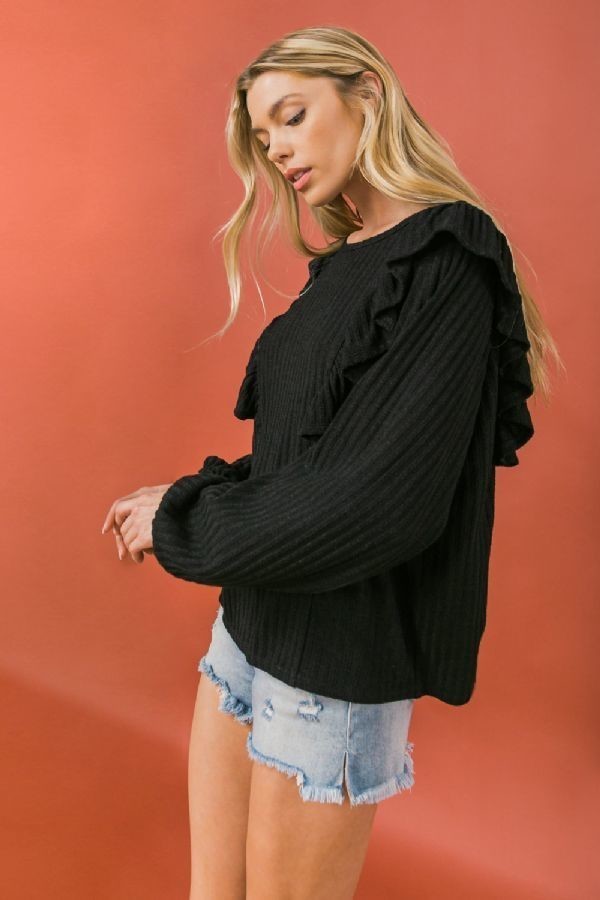 Round-Neck Knit Top with Front Ruffle – Black