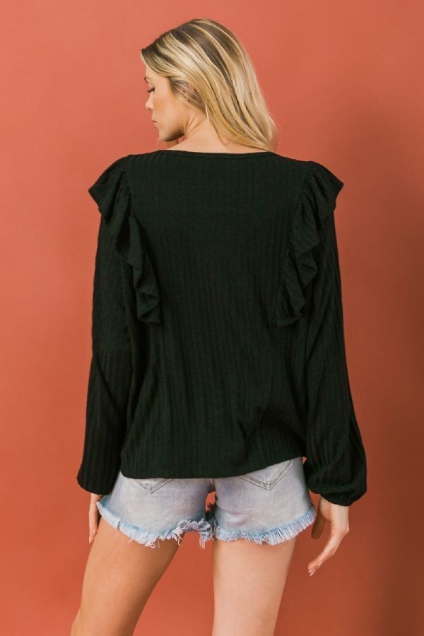 Round-Neck Knit Top with Front Ruffle – Black
