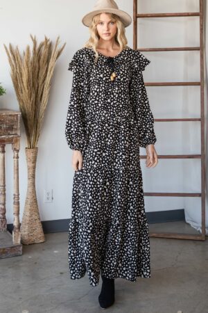 Bohemian Maxi Dress with Wooden Bead Drawstring – Black