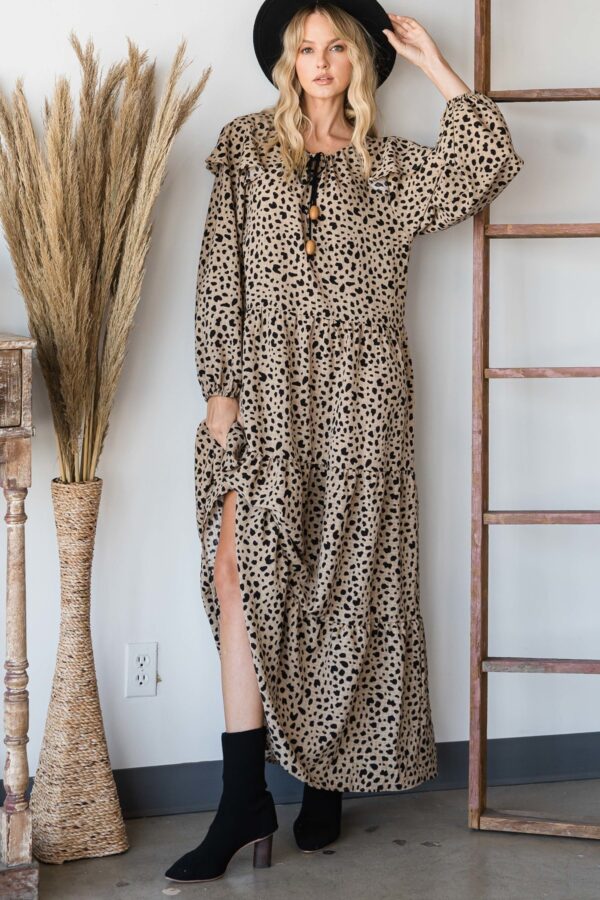 Bohemian Maxi Dress with Wooden Bead Drawstring – Dark Mocha