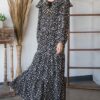 Bohemian Maxi Dress with Wooden Bead Drawstring – Black