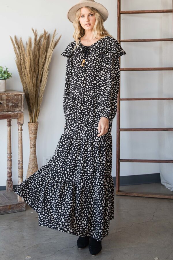 Bohemian Maxi Dress with Wooden Bead Drawstring – Black