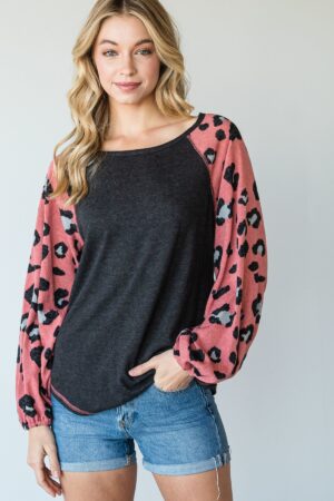 Mauve Animal Print Color-Block Top with Round Neck