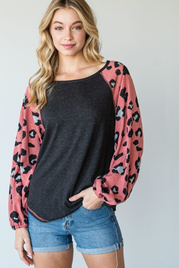 Mauve Animal Print Color-Block Top with Round Neck