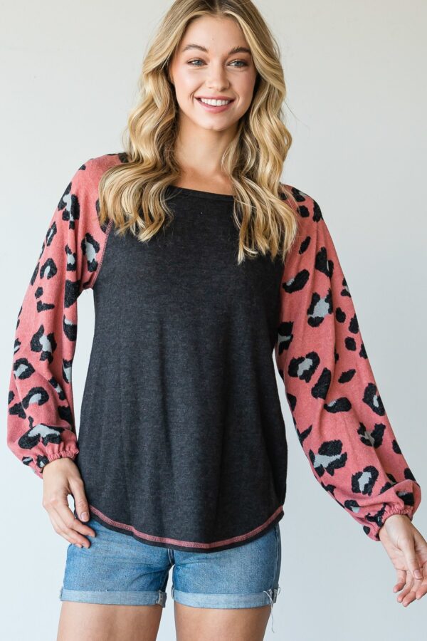 Mauve Animal Print Color-Block Top with Round Neck