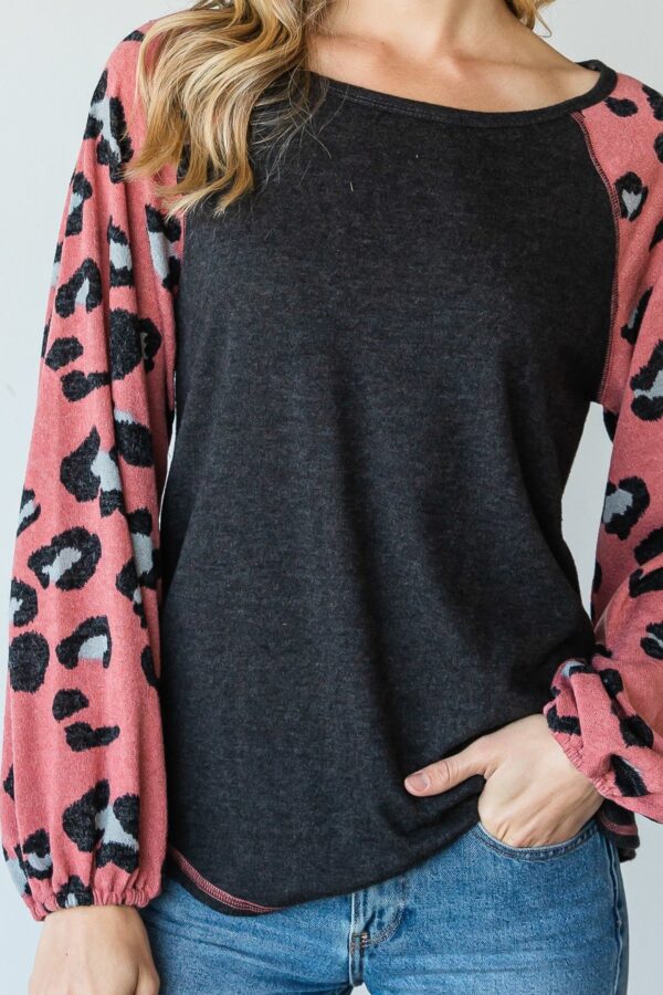 Mauve Animal Print Color-Block Top with Round Neck