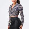 Animal Print Collared Back-Tie Wrap Top – Taupe