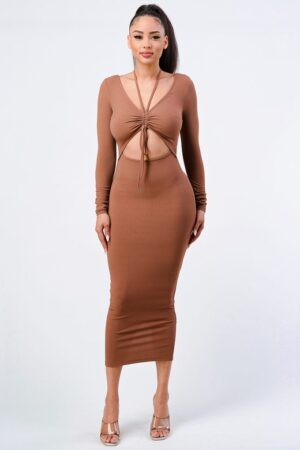 Shirred Front Cut-Out Long-Sleeve Dress – Mocha