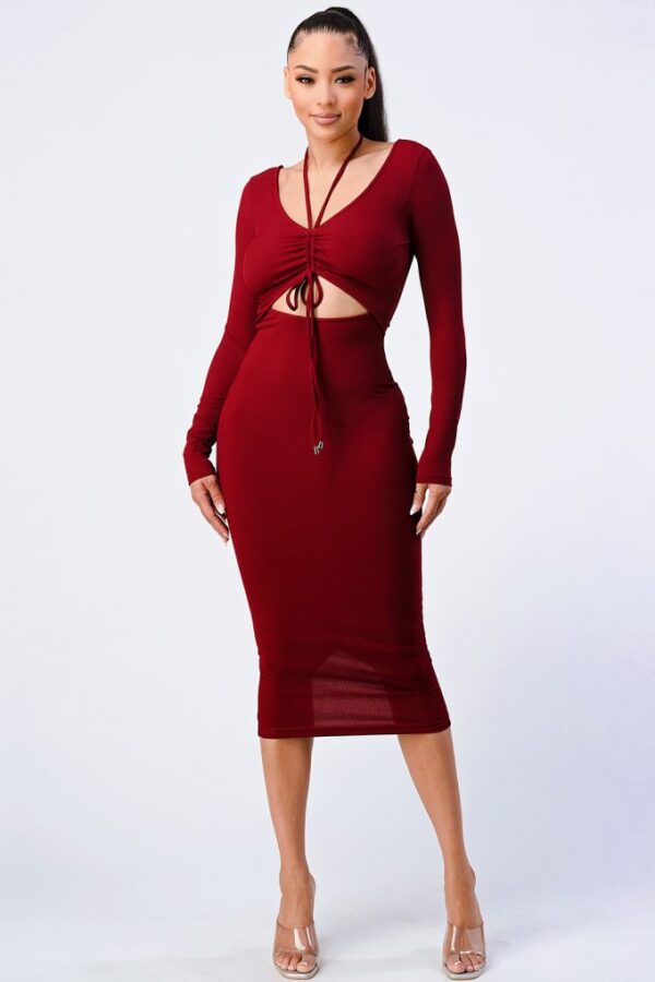 Front Shirring Cut-Out Long-Sleeve Dress in Burgundy