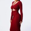Front Shirring Cut-Out Long-Sleeve Dress in Burgundy