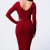 Front Shirring Cut-Out Long-Sleeve Dress in Burgundy